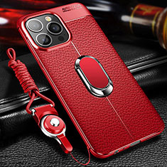 Funda Silicona Goma de Cuero Carcasa con Magnetico Anillo de dedo Soporte S02 para Apple iPhone 14 Pro Max Rojo