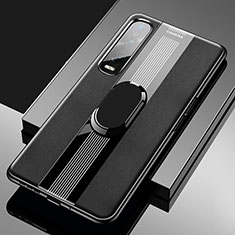 Funda Silicona Goma de Cuero Carcasa con Magnetico Anillo de dedo Soporte S02 para Oppo Find X2 Pro Negro