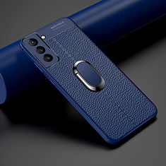 Funda Silicona Goma de Cuero Carcasa con Magnetico Anillo de dedo Soporte S02 para Samsung Galaxy S21 FE 5G Azul