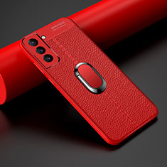 Funda Silicona Goma de Cuero Carcasa con Magnetico Anillo de dedo Soporte S02 para Samsung Galaxy S21 FE 5G Rojo