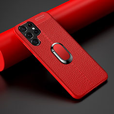 Funda Silicona Goma de Cuero Carcasa con Magnetico Anillo de dedo Soporte S02 para Samsung Galaxy S21 Ultra 5G Rojo