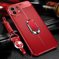 Funda Silicona Goma de Cuero Carcasa con Magnetico Anillo de dedo Soporte S02 para Xiaomi Mi 11 Lite 5G NE Rojo