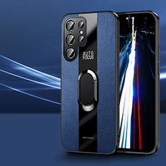 Funda Silicona Goma de Cuero Carcasa con Magnetico Anillo de dedo Soporte S03 para Samsung Galaxy S22 Ultra 5G Azul