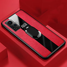 Funda Silicona Goma de Cuero Carcasa con Magnetico Anillo de dedo Soporte S04 para Vivo X50 Pro 5G Rojo