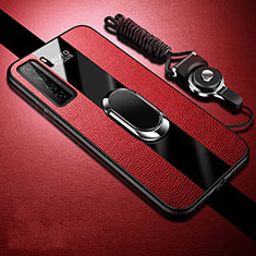 Funda Silicona Goma de Cuero Carcasa con Magnetico Anillo de dedo Soporte T01 para Huawei Nova 7 SE 5G Rojo
