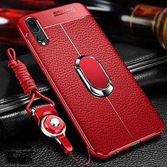 Funda Silicona Goma de Cuero Carcasa con Magnetico Anillo de dedo Soporte T01 para Huawei P20 Pro Rojo