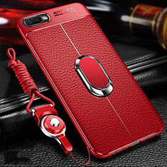 Funda Silicona Goma de Cuero Carcasa con Magnetico Anillo de dedo Soporte T01 para Oppo K1 Rojo