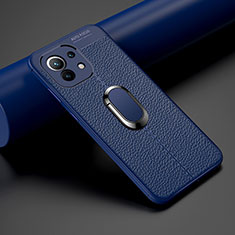 Funda Silicona Goma de Cuero Carcasa con Magnetico Anillo de dedo Soporte T01 para Xiaomi Mi 11 Lite 5G NE Azul