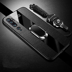 Funda Silicona Goma de Cuero Carcasa con Magnetico Anillo de dedo Soporte T01 para Xiaomi Mi Note 10 Negro