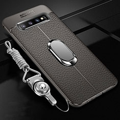 Funda Silicona Goma de Cuero Carcasa con Magnetico Anillo de dedo Soporte T02 para Samsung Galaxy S10 5G Gris