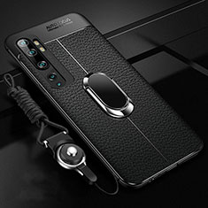 Funda Silicona Goma de Cuero Carcasa con Magnetico Anillo de dedo Soporte T02 para Xiaomi Mi Note 10 Pro Negro