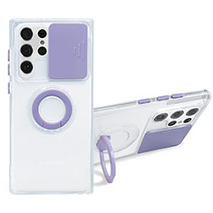 Funda Silicona Ultrafina Carcasa Transparente con Anillo de dedo Soporte S01 para Samsung Galaxy S24 Ultra 5G Morado