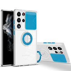 Funda Silicona Ultrafina Carcasa Transparente con Anillo de dedo Soporte S03 para Samsung Galaxy S23 Ultra 5G Azul