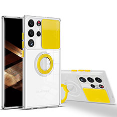 Funda Silicona Ultrafina Carcasa Transparente con Anillo de dedo Soporte S03 para Samsung Galaxy S24 Ultra 5G Amarillo