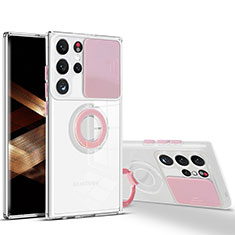 Funda Silicona Ultrafina Carcasa Transparente con Anillo de dedo Soporte S03 para Samsung Galaxy S24 Ultra 5G Rosa