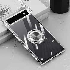 Funda Silicona Ultrafina Carcasa Transparente con Magnetico Anillo de dedo Soporte AN1 para Google Pixel 6a 5G Plata