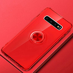 Funda Silicona Ultrafina Carcasa Transparente con Magnetico Anillo de dedo Soporte C03 para Samsung Galaxy S10 Plus Rojo