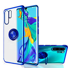 Funda Silicona Ultrafina Carcasa Transparente con Magnetico Anillo de dedo Soporte C04 para Huawei P30 Pro New Edition Azul