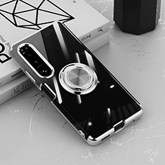 Funda Silicona Ultrafina Carcasa Transparente con Magnetico Anillo de dedo Soporte para Sony Xperia 1 IV Plata