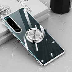 Funda Silicona Ultrafina Carcasa Transparente con Magnetico Anillo de dedo Soporte para Sony Xperia 5 III SO-53B Plata