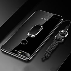 Funda Silicona Ultrafina Carcasa Transparente con Magnetico Anillo de dedo Soporte S01 para Huawei Honor 7A Negro