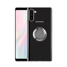 Funda Silicona Ultrafina Carcasa Transparente con Magnetico Anillo de dedo Soporte S01 para Samsung Galaxy Note 10 Plata