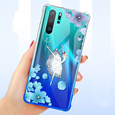 Funda Silicona Ultrafina Carcasa Transparente Flores T01 para Huawei P30 Pro Azul