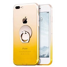 Funda Silicona Ultrafina Transparente Gradiente con Anillo de dedo Soporte para Apple iPhone 7 Plus Amarillo