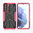 Funda Bumper Silicona y Plastico Mate Carcasa con Magnetico Anillo de dedo Soporte T09 para Samsung Galaxy S21 Plus 5G Rosa Roja