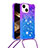 Funda Silicona Carcasa Goma Bling-Bling con Acollador Cordon Lanyard S01 para Apple iPhone 14 Plus Morado