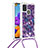 Funda Silicona Carcasa Goma Bling-Bling con Acollador Cordon Lanyard S02 para Samsung Galaxy A21s Morado