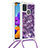 Funda Silicona Carcasa Goma Bling-Bling con Acollador Cordon Lanyard S03 para Samsung Galaxy A21s Morado