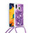 Funda Silicona Carcasa Goma Bling-Bling con Acollador Cordon Lanyard S03 para Samsung Galaxy A30 Morado