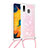 Funda Silicona Carcasa Goma Bling-Bling con Acollador Cordon Lanyard S03 para Samsung Galaxy A30 Rosa