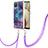 Funda Silicona Gel Goma Patron de Moda Carcasa con Acollador Cordon Lanyard YB7 para Samsung Galaxy F12 Morado