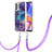 Funda Silicona Gel Goma Patron de Moda Carcasa con Acollador Cordon Lanyard YB7 para Samsung Galaxy M32 5G Morado