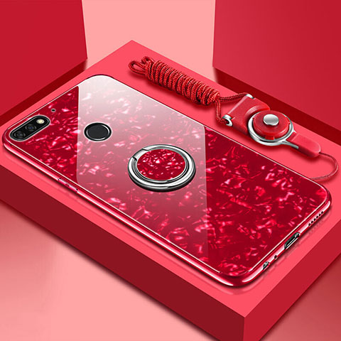 Carcasa Bumper Funda Silicona Espejo con Magnetico Anillo de dedo Soporte M01 para Huawei Y6 Prime (2018) Rojo