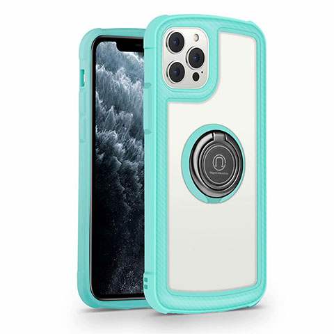 Carcasa Bumper Funda Silicona Espejo con Magnetico Anillo de dedo Soporte N01 para Apple iPhone 12 Pro Cian