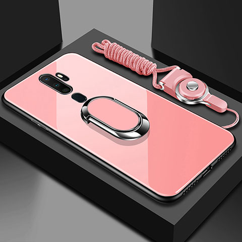 Carcasa Bumper Funda Silicona Espejo con Magnetico Anillo de dedo Soporte para Oppo A11 Rosa