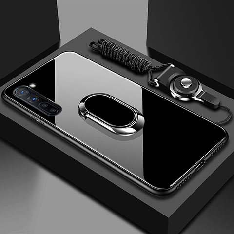 Carcasa Bumper Funda Silicona Espejo con Magnetico Anillo de dedo Soporte para Oppo F15 Negro