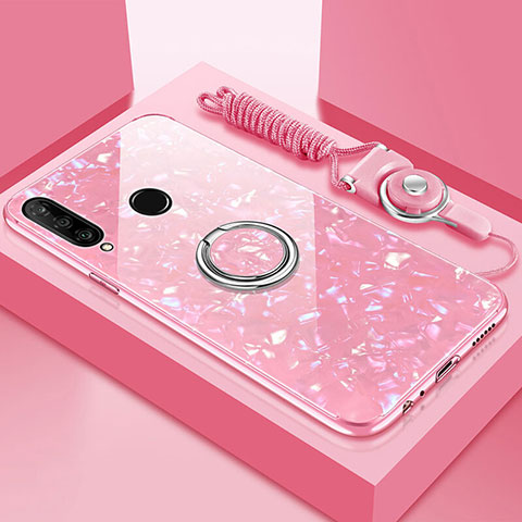 Carcasa Bumper Funda Silicona Espejo con Magnetico Anillo de dedo Soporte T01 para Huawei P30 Lite New Edition Rosa