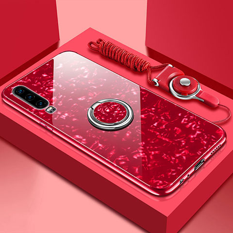 Carcasa Bumper Funda Silicona Espejo con Magnetico Anillo de dedo Soporte T01 para Huawei P30 Rojo