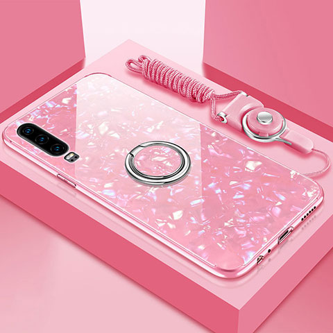 Carcasa Bumper Funda Silicona Espejo con Magnetico Anillo de dedo Soporte T01 para Huawei P30 Rosa