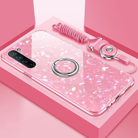 Carcasa Bumper Funda Silicona Espejo con Magnetico Anillo de dedo Soporte T01 para Oppo A91 Rosa