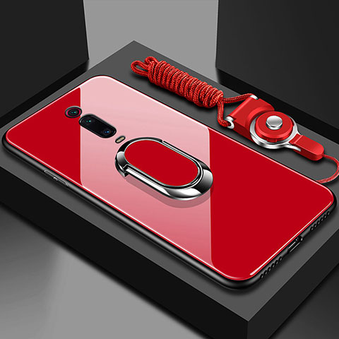 Carcasa Bumper Funda Silicona Espejo con Magnetico Anillo de dedo Soporte T01 para Xiaomi Mi 9T Rojo