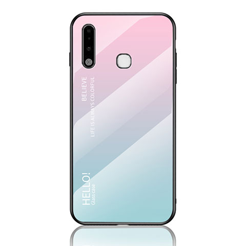 Carcasa Bumper Funda Silicona Espejo Gradiente Arco iris LS1 para Samsung Galaxy A70E Cian