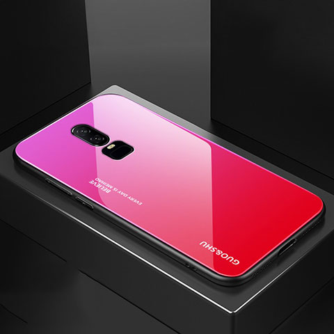 Carcasa Bumper Funda Silicona Espejo Gradiente Arco iris para OnePlus 6 Rosa Roja