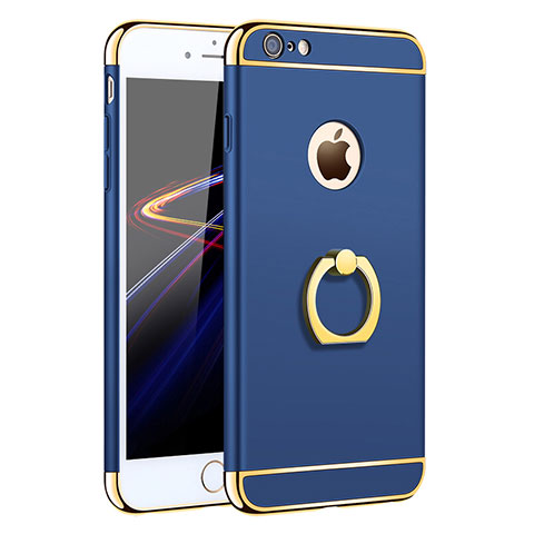 Carcasa Bumper Lujo Marco de Metal y Plastico con Anillo de dedo Soporte para Apple iPhone 6 Plus Azul