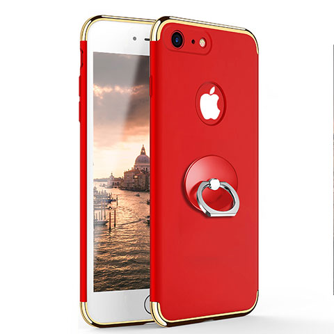 Carcasa Bumper Lujo Marco de Metal y Plastico con Anillo de dedo Soporte para Apple iPhone 7 Rojo
