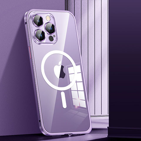 Carcasa Bumper Lujo Marco de Metal y Plastico Funda con Mag-Safe Magnetic JL1 para Apple iPhone 13 Pro Max Morado